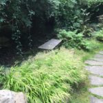 A bench sitting on the side of a road near some bushes. Stan Hywet Gardens