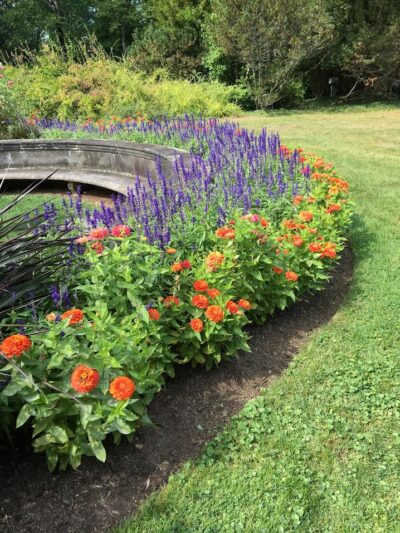 curving bench with flowers