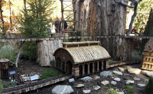 Tree trunk supports and train station