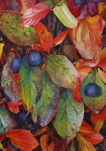 Water color painting by Connie Jager of fruit and colorful foliage