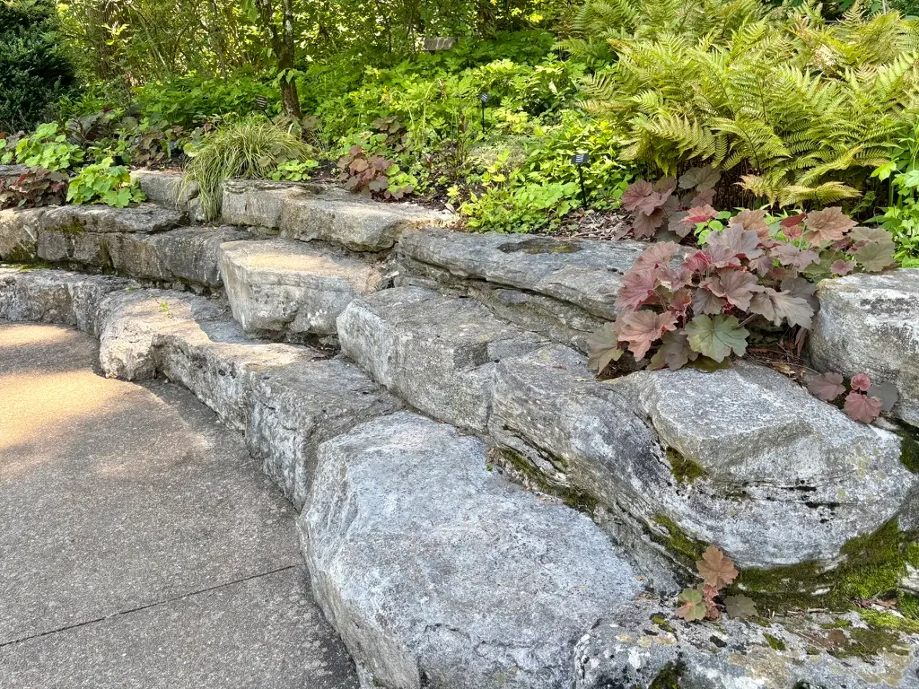 Stone terrace steps and garden at Cheekwood